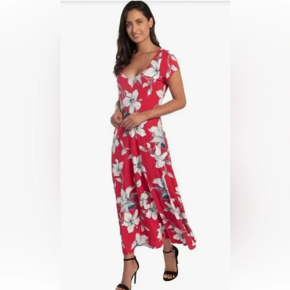 CHAPS🌺Floral TROPICAL Maxi DRESS Long Red Maxi Flare Hibiscis Flowers size Small - Picture 4 of 11